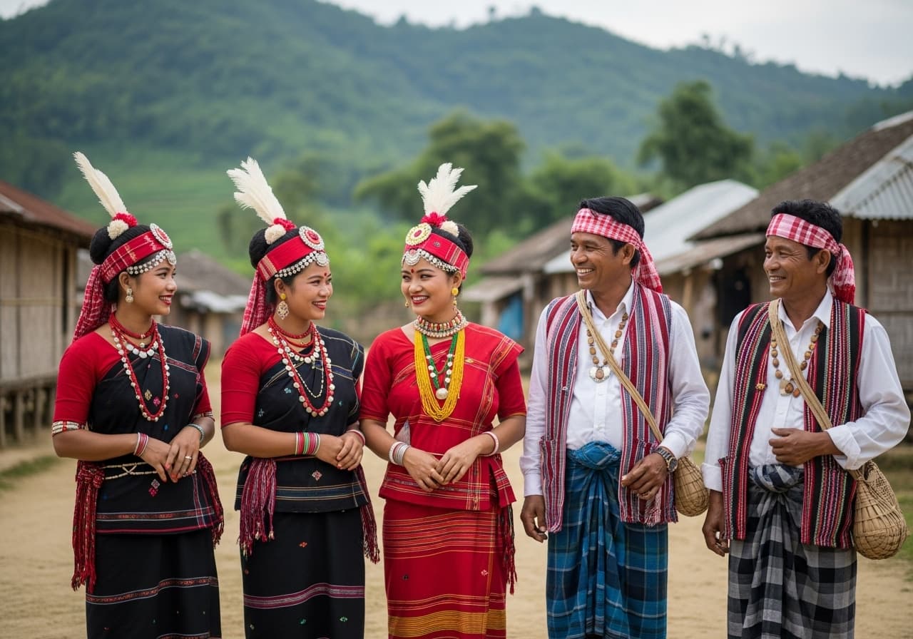Tanchangya men and women in traditional dress from the Chittagong Hill Tracts of Bangladesh.
