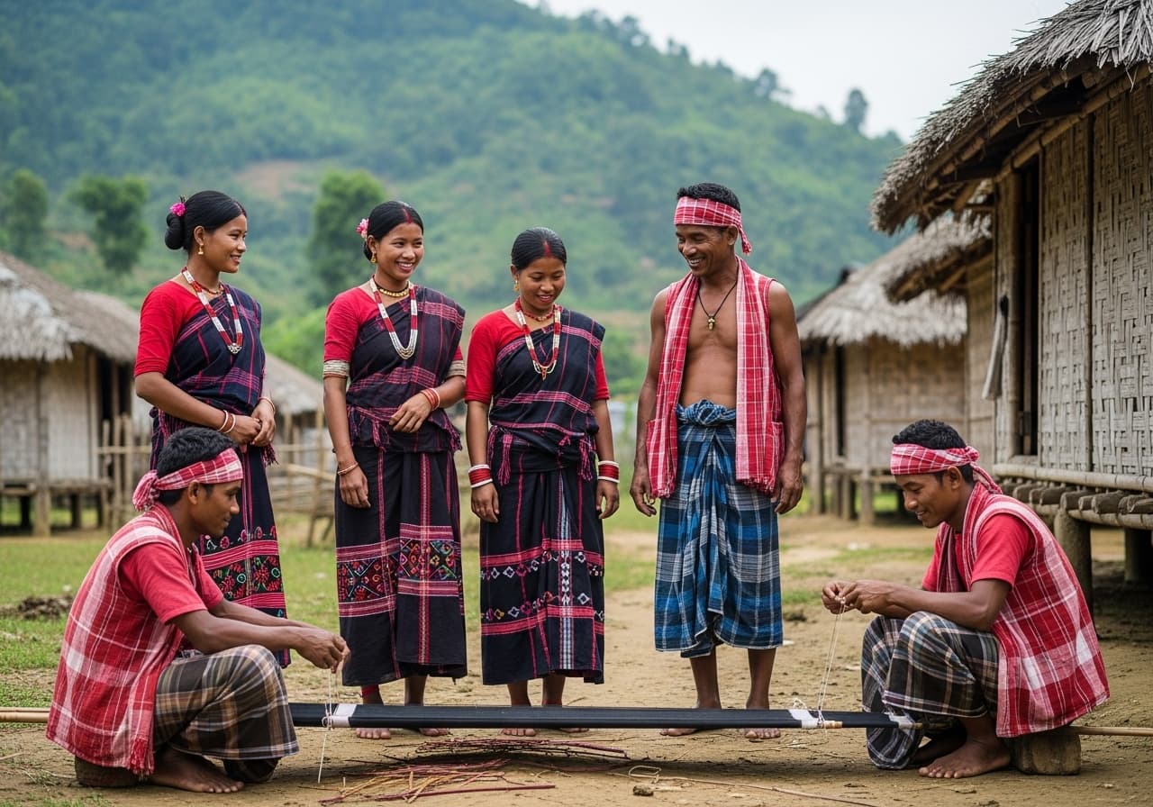 Mro people from Bangladesh in traditional dress, standing in a rural village setting.