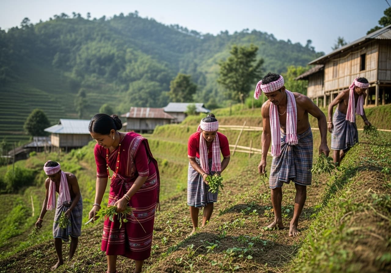 Tripura girls in traditional dress dancing in the Chittagong Hill Tracts.