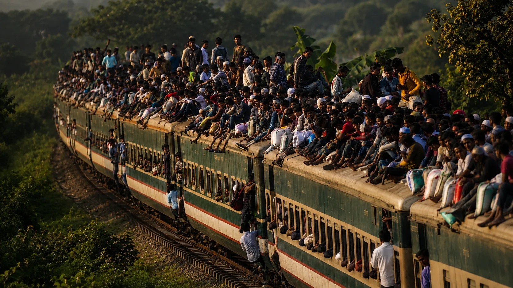 A packed Bangladesh intercity train rolling through the countryside