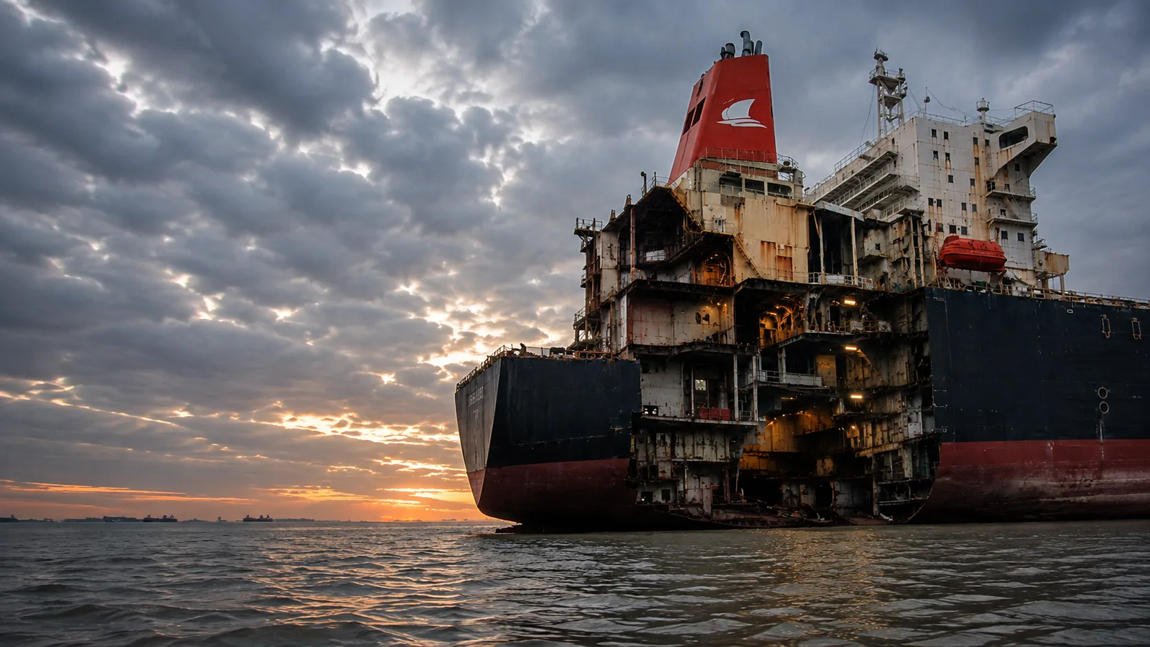 Ship breaking yard on the coast at Chattogram at sunrise