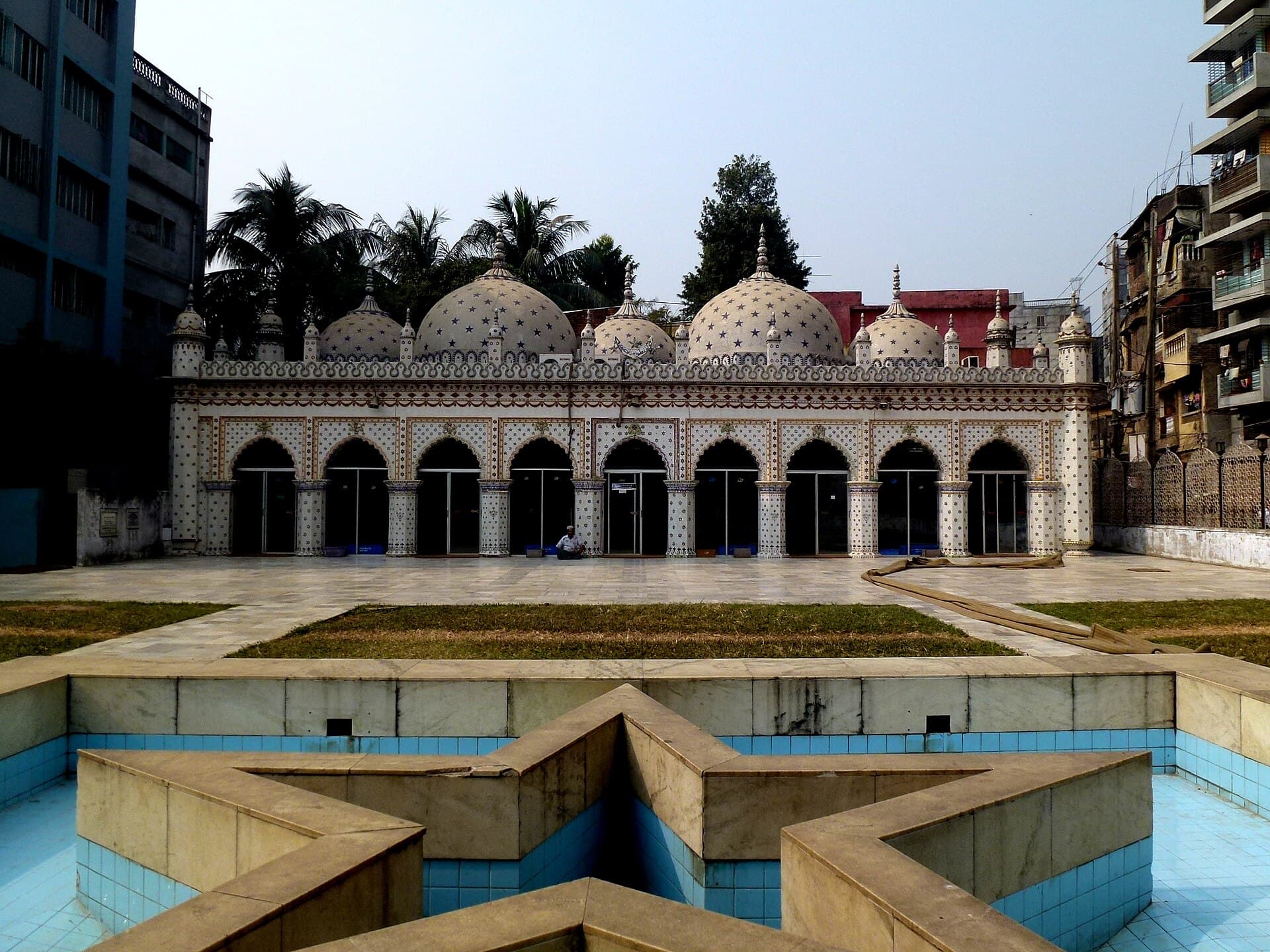 Star-tiled facade and domes of the Star Mosque in Armanitola, Old Dhaka