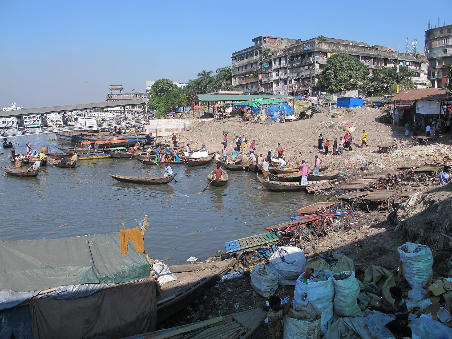 Passenger launches crowded together at Sadarghat river port on the Buriganga
