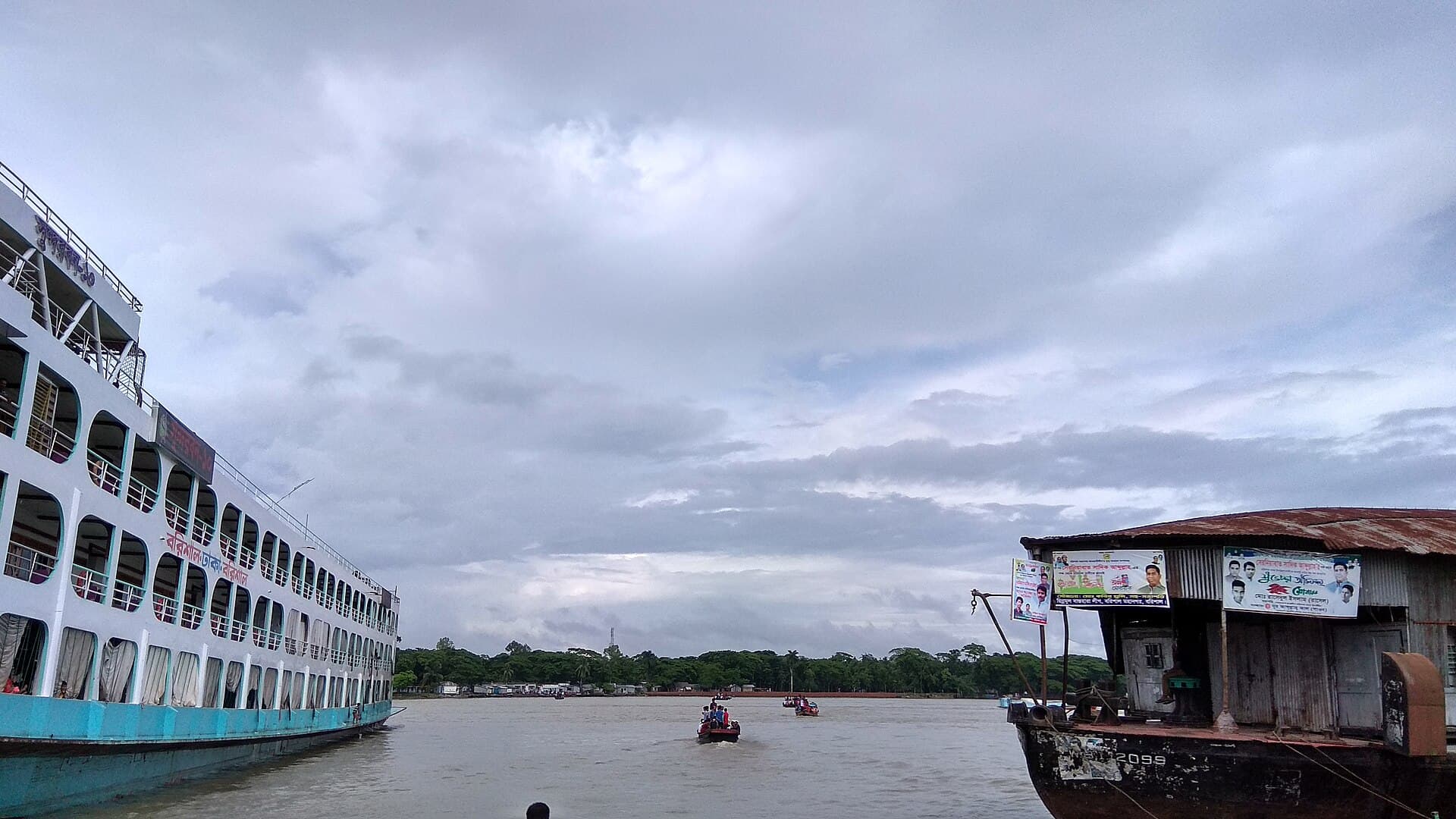 Passenger launches at Barisal river port on the Kirtankhola river