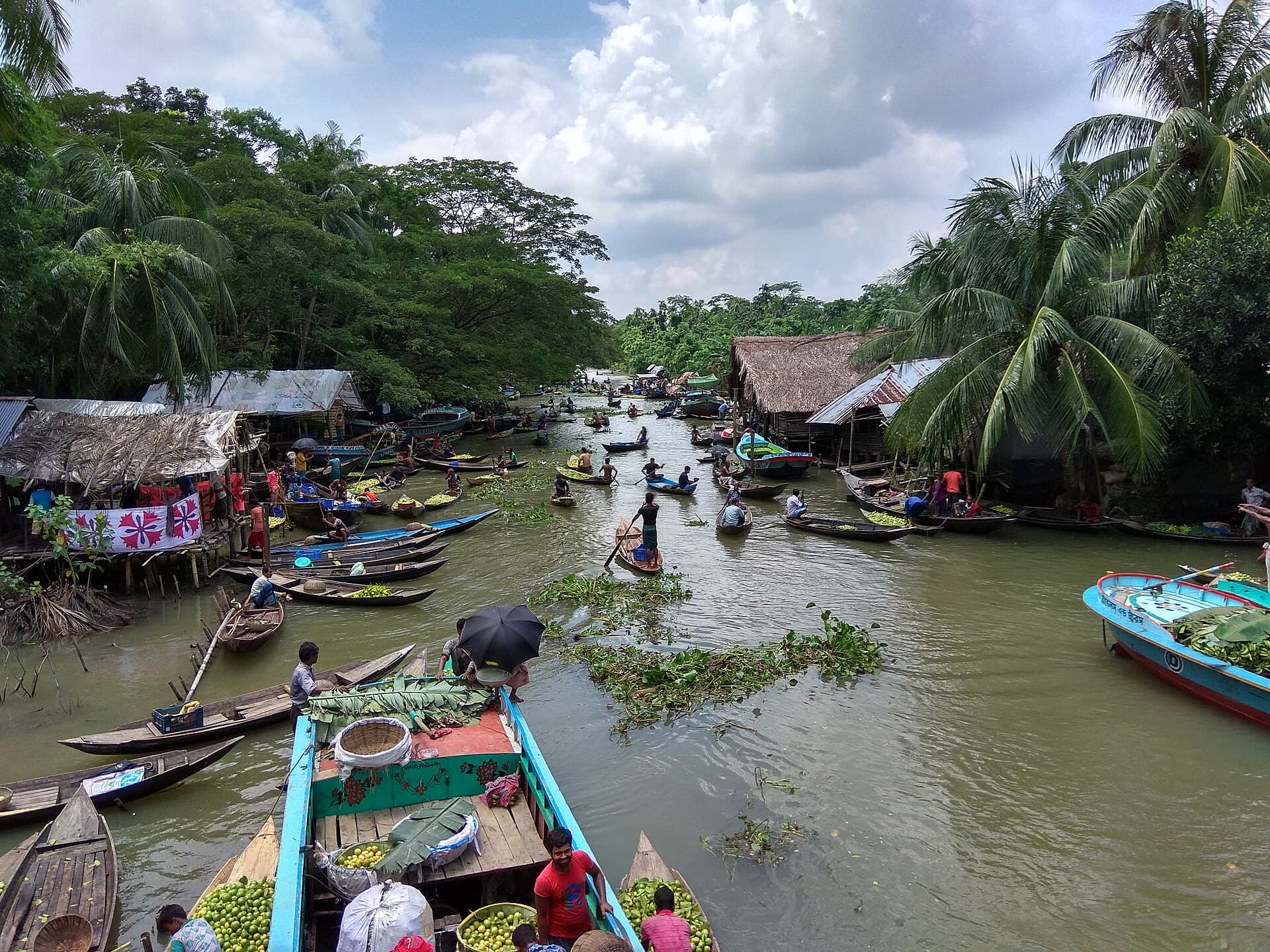 Traders exchanging guavas between boats at Bhimruli floating market
